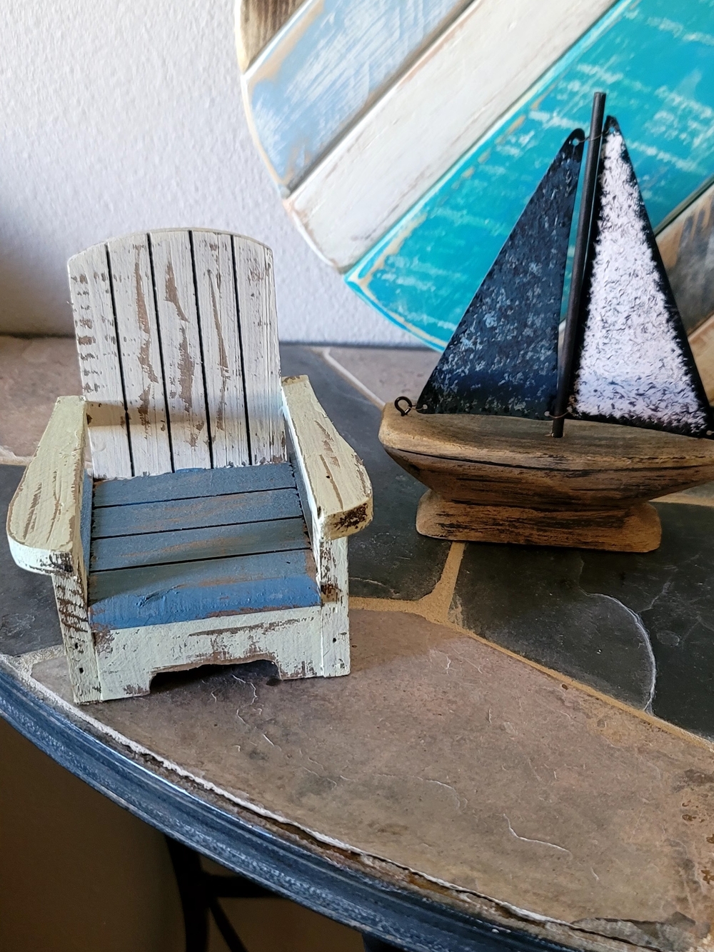 Coastal Blue and Cream Wooden Adirondack Accent Chair & Mini Sailboat Home Decor
